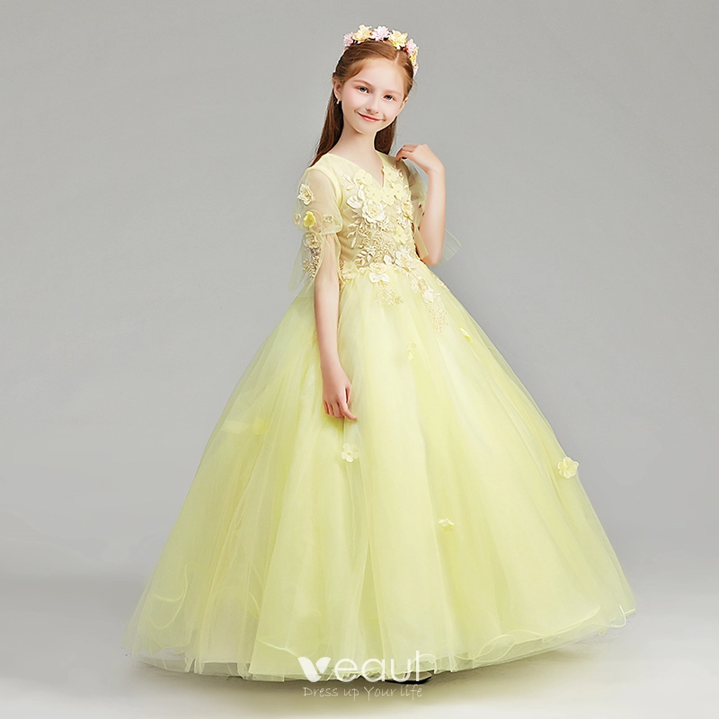Hermoso Amarillo Vestidos para ni as 2019 A Line Princess V