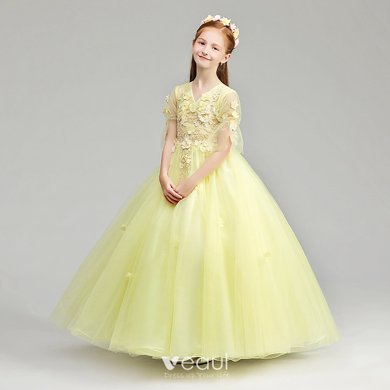 Hermoso Amarillo Vestidos para ninas 2019 A Line Princess V Cuello 1 2 AErmer Apliques Con Encaje Perla Largos Ruffle Vestidos para bodas