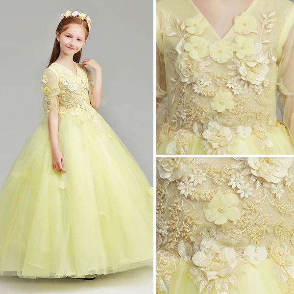 Chic / Beautiful Yellow Flower Girl Dresses 2019 A-Line / Princess V-Neck 1/2 Sleeves Appliques Lace Pearl Floor-Length / Long Ruffle Wedding Party Dresses