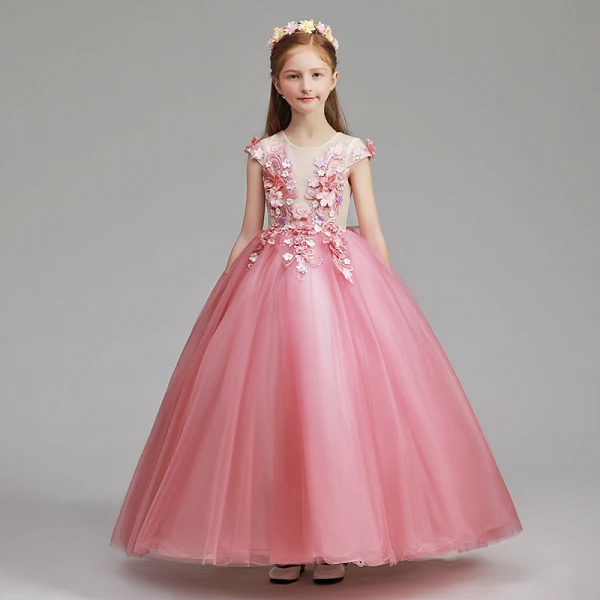 Flower Fairy Candy Pink Flower Girl Dresses 2019 A-Line / Princess Scoop Neck Cap Sleeves Appliques Lace Flower Pearl Floor-Length / Long Ruffle Wedding Party Dresses
