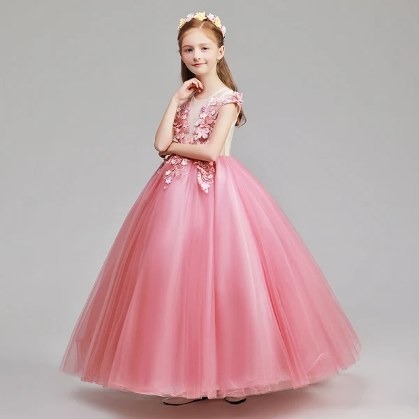 Flower Fairy Candy Pink Flower Girl Dresses 2019 A-Line / Princess Scoop Neck Cap Sleeves Appliques Lace Flower Pearl Floor-Length / Long Ruffle Wedding Party Dresses