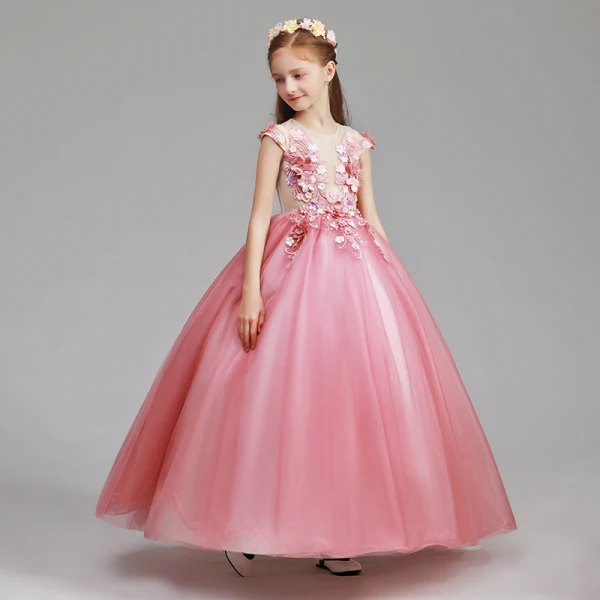 Flower Fairy Candy Pink Flower Girl Dresses 2019 A-Line / Princess Scoop Neck Cap Sleeves Appliques Lace Flower Pearl Floor-Length / Long Ruffle Wedding Party Dresses