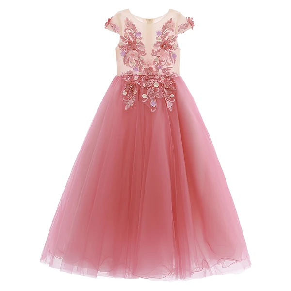 Flower Fairy Candy Pink Flower Girl Dresses 2019 A-Line / Princess Scoop Neck Cap Sleeves Appliques Lace Flower Pearl Floor-Length / Long Ruffle Wedding Party Dresses