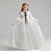 Schlicht Ivory / Creme Blumenmädchenkleider 2019 A Linie Stehkragen Lange Ärmel Stoffgürtel Applikationen Spitze Geflecktes Tülle Lange Rüschen Kleider Für Hochzeit
