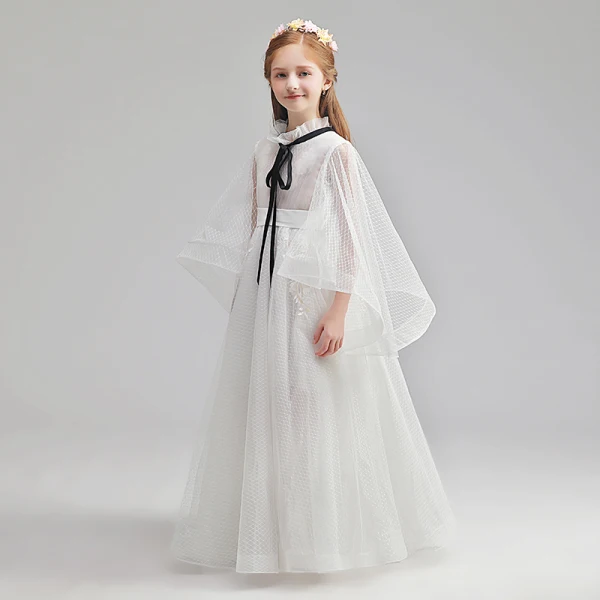 Schlicht Ivory / Creme Blumenmädchenkleider 2019 A Linie Stehkragen Lange Ärmel Stoffgürtel Applikationen Spitze Geflecktes Tülle Lange Rüschen Kleider Für Hochzeit