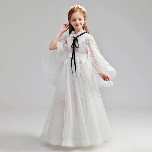 Schlicht Ivory / Creme Blumenmädchenkleider 2019 A Linie Stehkragen Lange Ärmel Stoffgürtel Applikationen Spitze Geflecktes Tülle Lange Rüschen Kleider Für Hochzeit