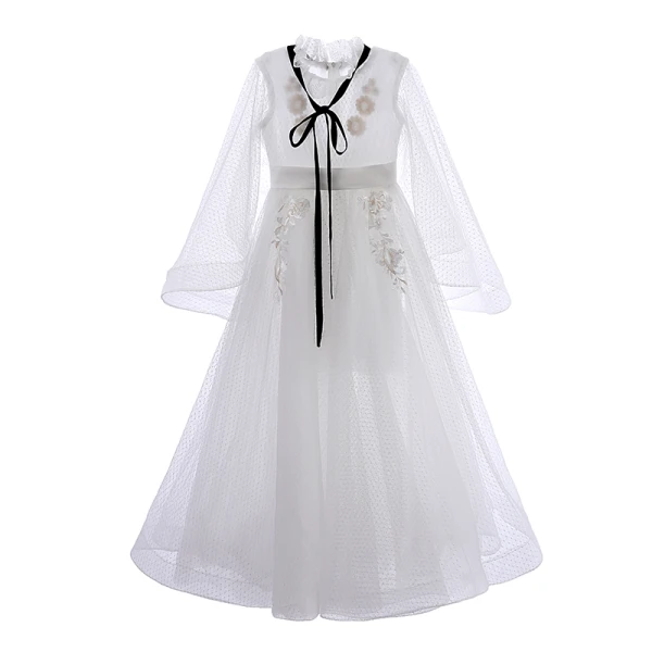 Schlicht Ivory / Creme Blumenmädchenkleider 2019 A Linie Stehkragen Lange Ärmel Stoffgürtel Applikationen Spitze Geflecktes Tülle Lange Rüschen Kleider Für Hochzeit