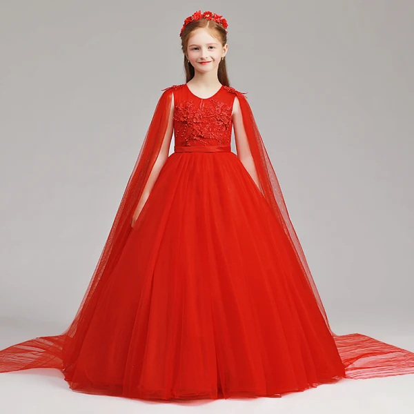 Chinese style Red Flower Girl Dresses 2019 A-Line / Princess Scoop Neck Sleeveless Sash Appliques Lace Pearl Watteau Train Ruffle Wedding Party Dresses