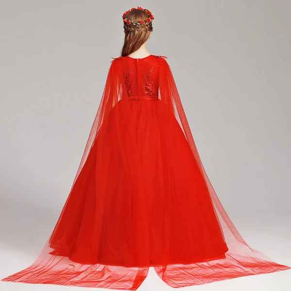 Chinese style Red Flower Girl Dresses 2019 A-Line / Princess Scoop Neck Sleeveless Sash Appliques Lace Pearl Watteau Train Ruffle Wedding Party Dresses