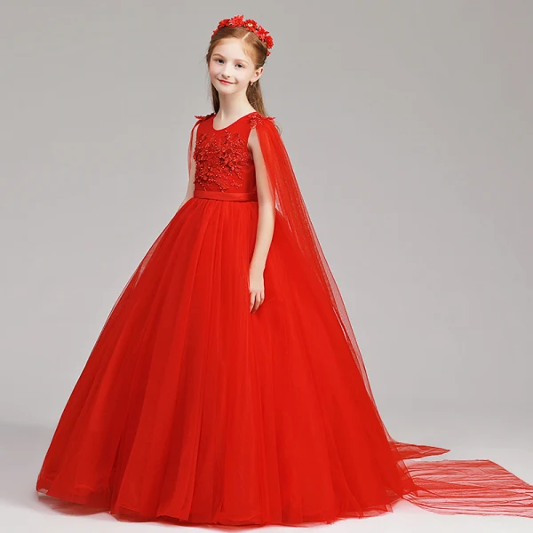 Chinese style Red Flower Girl Dresses 2019 A-Line / Princess Scoop Neck Sleeveless Sash Appliques Lace Pearl Watteau Train Ruffle Wedding Party Dresses