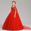 Chinese style Red Flower Girl Dresses 2019 A-Line / Princess Scoop Neck Sleeveless Sash Appliques Lace Pearl Watteau Train Ruffle Wedding Party Dresses