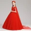 Chinese style Red Flower Girl Dresses 2019 A-Line / Princess Scoop Neck Sleeveless Sash Appliques Lace Pearl Watteau Train Ruffle Wedding Party Dresses