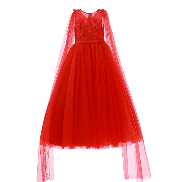 Chinese style Red Flower Girl Dresses 2019 A-Line / Princess Scoop Neck Sleeveless Sash Appliques Lace Pearl Watteau Train Ruffle Wedding Party Dresses