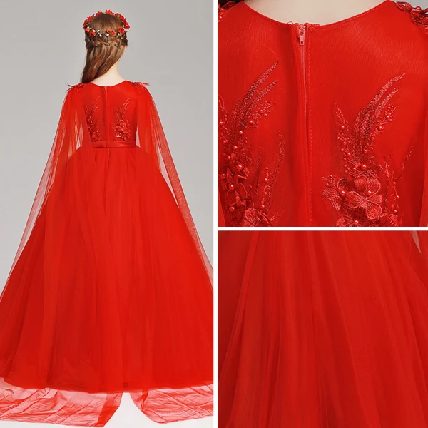 Chinese style Red Flower Girl Dresses 2019 A-Line / Princess Scoop Neck Sleeveless Sash Appliques Lace Pearl Watteau Train Ruffle Wedding Party Dresses