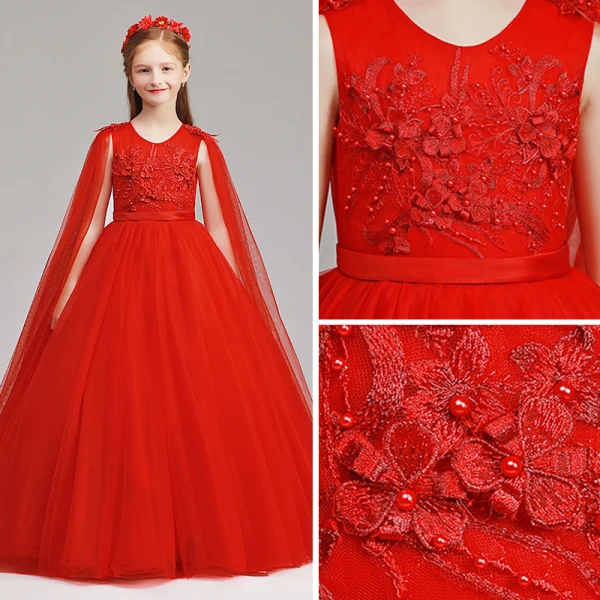Chinese style Red Flower Girl Dresses 2019 A-Line / Princess Scoop Neck Sleeveless Sash Appliques Lace Pearl Watteau Train Ruffle Wedding Party Dresses