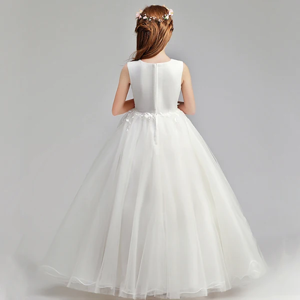 Chic / Beautiful Ivory Flower Girl Dresses 2019 A-Line / Princess Scoop Neck Sleeveless Appliques Lace Pearl Floor-Length / Long Ruffle Wedding Party Dresses