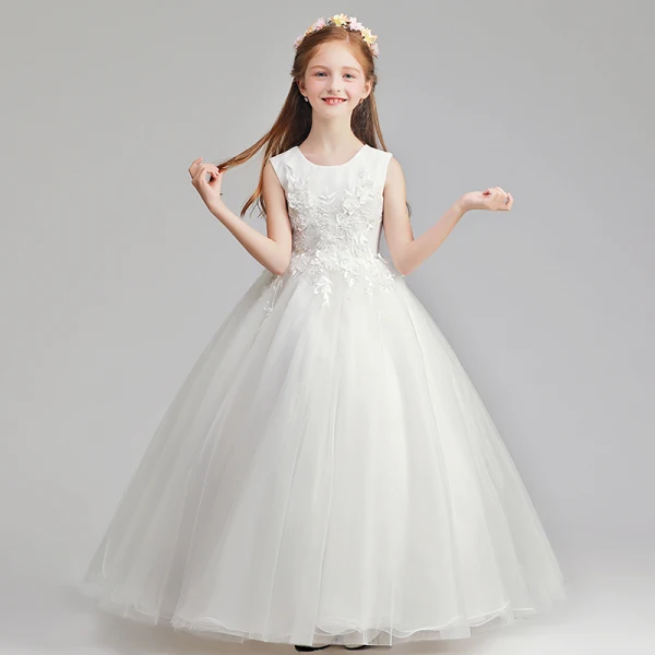 Chic / Beautiful Ivory Flower Girl Dresses 2019 A-Line / Princess Scoop Neck Sleeveless Appliques Lace Pearl Floor-Length / Long Ruffle Wedding Party Dresses