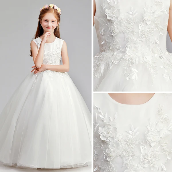Chic / Beautiful Ivory Flower Girl Dresses 2019 A-Line / Princess Scoop Neck Sleeveless Appliques Lace Pearl Floor-Length / Long Ruffle Wedding Party Dresses