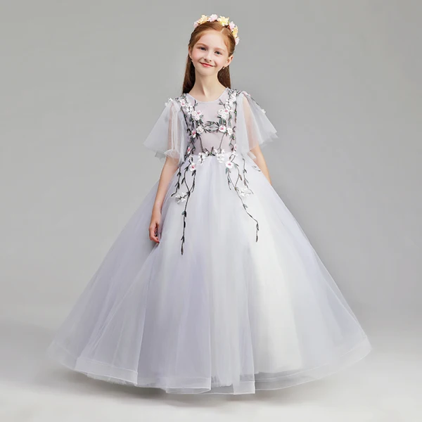 Modest / Simple Lavender Flower Girl Dresses 2019 A-Line / Princess Scoop Neck 1/2 Sleeves Appliques Lace Pearl Floor-Length / Long Ruffle Wedding Party Dresses
