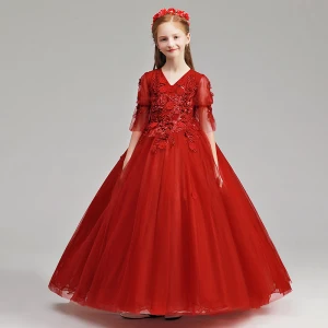 Chic Belle Bordeaux Robe Ceremonie Fille 2019 Princesse V Cou 1 2 Manches Appliques En Dentelle Perle Longue Volants Robe Pour Mariage