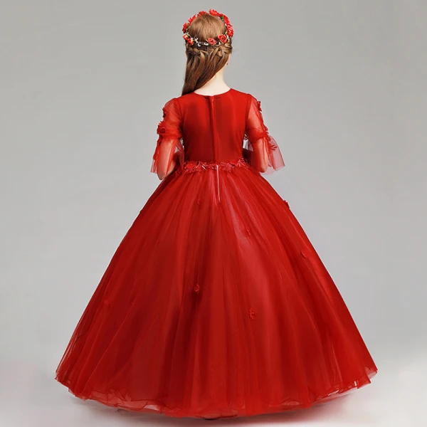 Schöne Burgunderrot Blumenmädchenkleider 2019 A Linie V-Ausschnitt 1/2 Ärmel Applikationen Spitze Perle Lange Rüschen Kleider Für Hochzeit