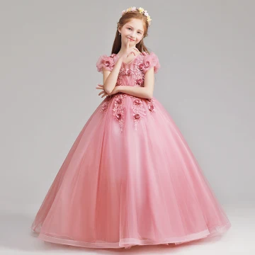Elegant Candy Pink Flower Girl Dresses 2019 A Line Princess V Neck Puffy Short Sleeve Appliques Lace Flower Pearl Floor Length Long Ruffle Wedding Party Dresses