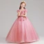 Elegant Candy Pink Flower Girl Dresses 2019 A-Line / Princess V-Neck Puffy Short Sleeve Appliques Lace Flower Pearl Floor-Length / Long Ruffle Wedding Party Dresses