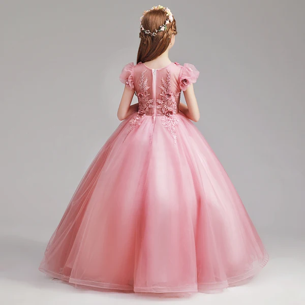 Elegant Candy Pink Flower Girl Dresses 2019 A-Line / Princess V-Neck Puffy Short Sleeve Appliques Lace Flower Pearl Floor-Length / Long Ruffle Wedding Party Dresses