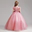Elegant Candy Pink Flower Girl Dresses 2019 A-Line / Princess V-Neck Puffy Short Sleeve Appliques Lace Flower Pearl Floor-Length / Long Ruffle Wedding Party Dresses