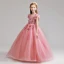 Elegant Candy Pink Flower Girl Dresses 2019 A-Line / Princess V-Neck Puffy Short Sleeve Appliques Lace Flower Pearl Floor-Length / Long Ruffle Wedding Party Dresses