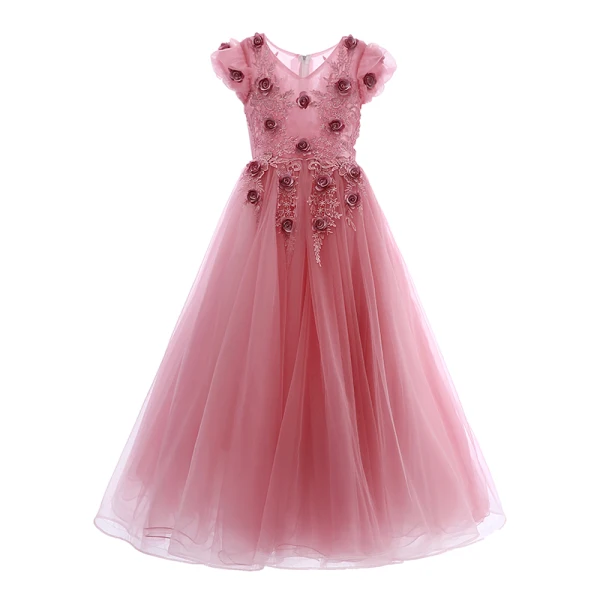 Elegant Candy Pink Flower Girl Dresses 2019 A-Line / Princess V-Neck Puffy Short Sleeve Appliques Lace Flower Pearl Floor-Length / Long Ruffle Wedding Party Dresses