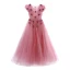 Elegant Candy Pink Flower Girl Dresses 2019 A-Line / Princess V-Neck Puffy Short Sleeve Appliques Lace Flower Pearl Floor-Length / Long Ruffle Wedding Party Dresses
