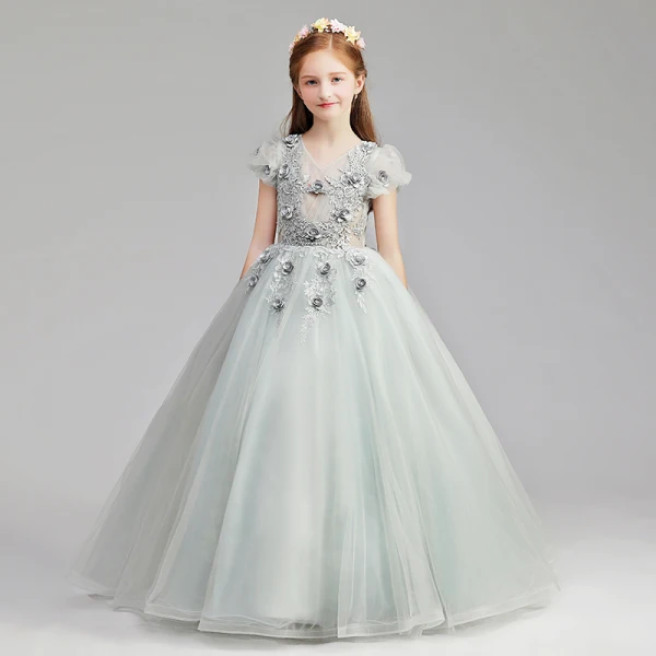 Elegant Candy Pink Flower Girl Dresses 2019 A-Line / Princess V-Neck Puffy Short Sleeve Appliques Lace Flower Pearl Floor-Length / Long Ruffle Wedding Party Dresses