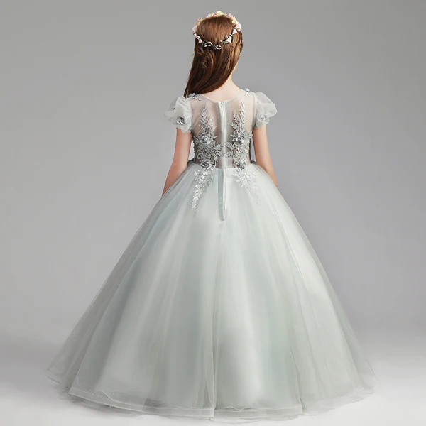 Elegant Candy Pink Flower Girl Dresses 2019 A-Line / Princess V-Neck Puffy Short Sleeve Appliques Lace Flower Pearl Floor-Length / Long Ruffle Wedding Party Dresses