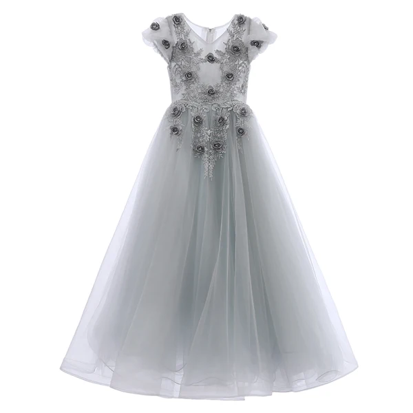 Elegant Candy Pink Flower Girl Dresses 2019 A-Line / Princess V-Neck Puffy Short Sleeve Appliques Lace Flower Pearl Floor-Length / Long Ruffle Wedding Party Dresses