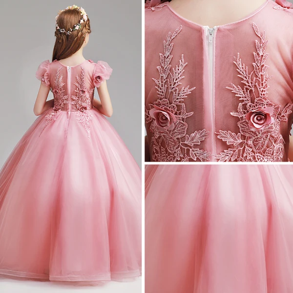 Elegant Candy Pink Flower Girl Dresses 2019 A-Line / Princess V-Neck Puffy Short Sleeve Appliques Lace Flower Pearl Floor-Length / Long Ruffle Wedding Party Dresses