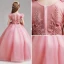 Elegant Candy Pink Flower Girl Dresses 2019 A-Line / Princess V-Neck Puffy Short Sleeve Appliques Lace Flower Pearl Floor-Length / Long Ruffle Wedding Party Dresses