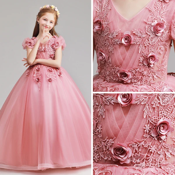 Elegant Candy Pink Flower Girl Dresses 2019 A-Line / Princess V-Neck Puffy Short Sleeve Appliques Lace Flower Pearl Floor-Length / Long Ruffle Wedding Party Dresses