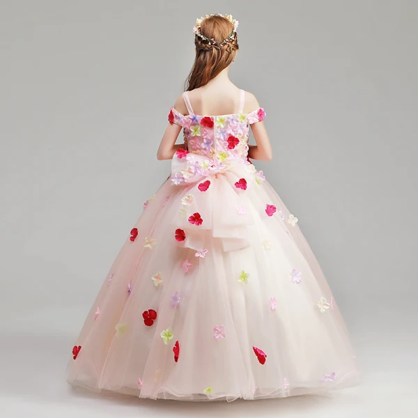 Flower Fairy Pearl Pink Flower Girl Dresses 2019 A-Line / Princess Shoulders Off-The-Shoulder Short Sleeve Appliques Flower Floor-Length / Long Ruffle Wedding Party Dresses