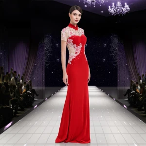 Chinese Style Red Pierced Evening Dresses 2018 Trumpet Mermaid High Neck Short Sleeve Rhinestone Floor Length Long Ruffle Backless Formal Dresses