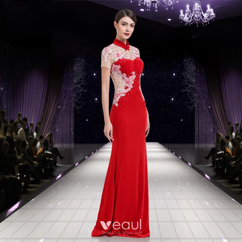 Chinese style Red Pierced Evening Dresses 2018 Trumpet Mermaid High Neck Short Sleeve Rhinestone Floor Length Long Ruffle Backless Formal Dresses