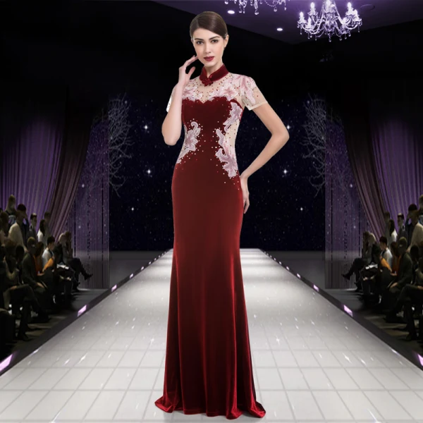 Chinese style Red Pierced Evening Dresses 2018 Trumpet / Mermaid High Neck Short Sleeve Rhinestone Floor-Length / Long Ruffle Backless Formal Dresses