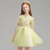 Chic / Beautiful Yellow Flower Girl Dresses 2019 A-Line / Princess V-Neck 1/2 Sleeves Appliques Lace Flower Pearl Short Ruffle Wedding Party Dresses