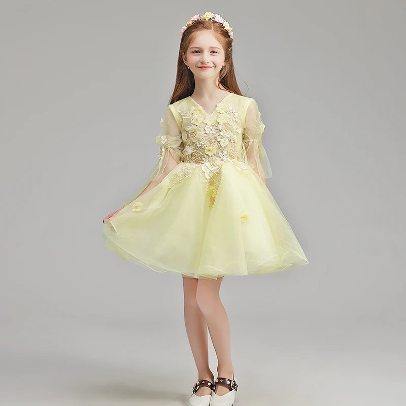 Chic Beautiful Yellow Flower Girl Dresses 2019 A Line Princess V Neck 1 2 Sleeves Appliques Lace Flower Pearl Short Ruffle Wedding Party Dresses Chic Beautiful Yellow Flower Girl Dresses 2019 A Line Princess V Neck 1 2 Sleeves Appliques Lace Flower Pearl Short Ruffle Wedding Party Dresses