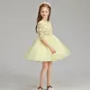 Chic / Beautiful Yellow Flower Girl Dresses 2019 A-Line / Princess V-Neck 1/2 Sleeves Appliques Lace Flower Pearl Short Ruffle Wedding Party Dresses
