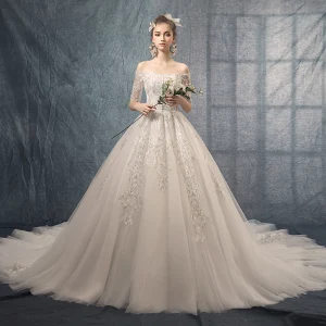 Best Ivory Wedding Dresses 2019 A Line Princess Off The Shoulder 1 2 Sleeves Backless Appliques Lace Chapel Train Ruffle