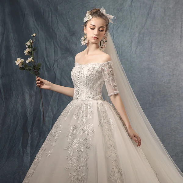Best Ivory Wedding Dresses 2019 A-Line / Princess Off-The-Shoulder 1/2 Sleeves Backless Appliques Lace Chapel Train Ruffle