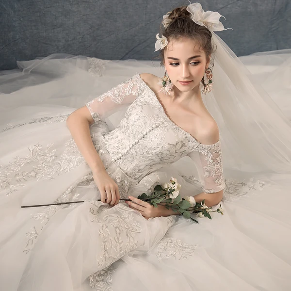 Best Ivory Wedding Dresses 2019 A-Line / Princess Off-The-Shoulder 1/2 Sleeves Backless Appliques Lace Chapel Train Ruffle