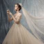 Luxe Champagne Robe De Mariée 2019 Princesse Encolure Carrée 1/2 Manches Percé Appliques En Dentelle Perlage Chapel Train Volants