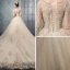 Luxe Champagne Robe De Mariée 2019 Princesse Encolure Carrée 1/2 Manches Percé Appliques En Dentelle Perlage Chapel Train Volants